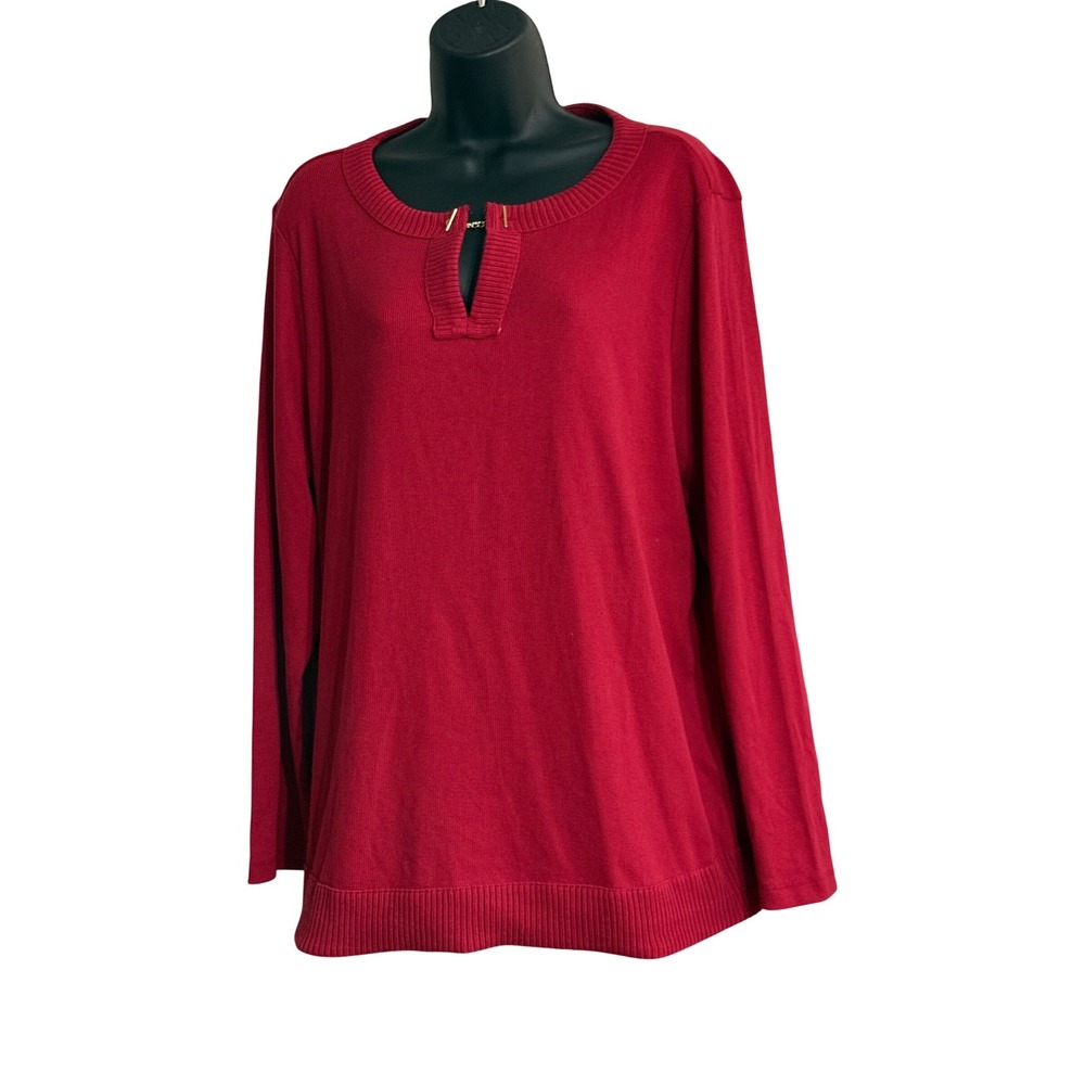 Rafaella Red Keyhole Neck Knit Top XL Gold Chain Detail Long Sleeve Ribbed Hem